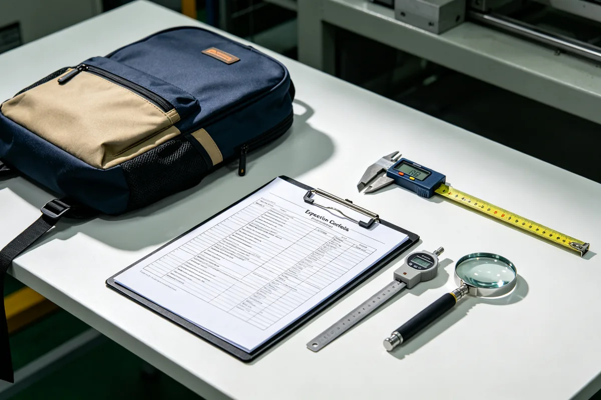25-point bag inspection checklist on a clipboard with custom backpack and QC tools caliper tape measure and magnifying glass