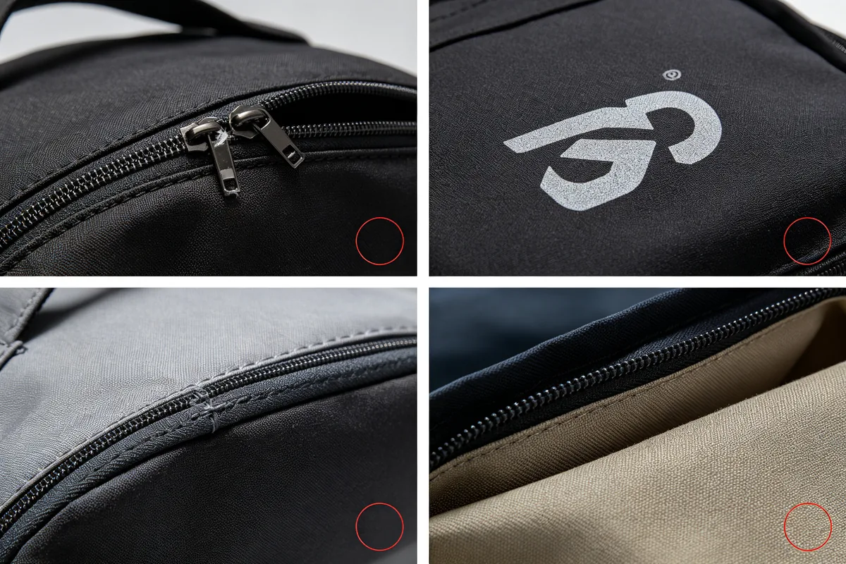 Common bag defects close-up: broken zipper teeth, print misalignment, uneven stitching, and lining color difference with red circle markers