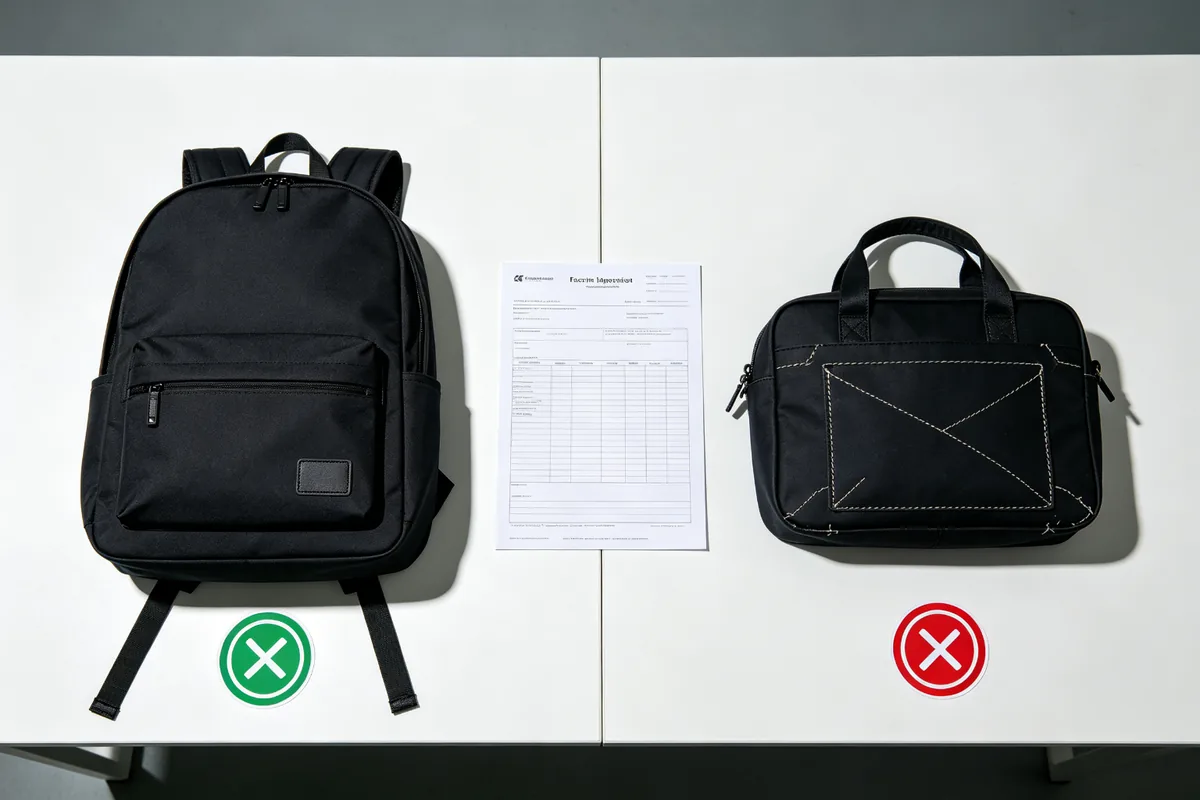 Passed and rejected custom bags on inspection table with quality control report and green PASS red FAIL markers