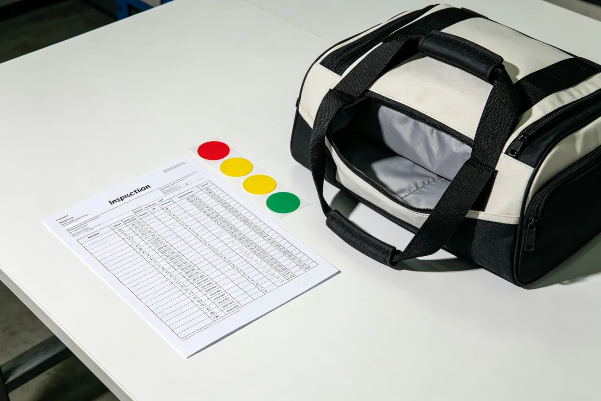AQL inspection level chart with defect classification labels on a bag factory quality control table