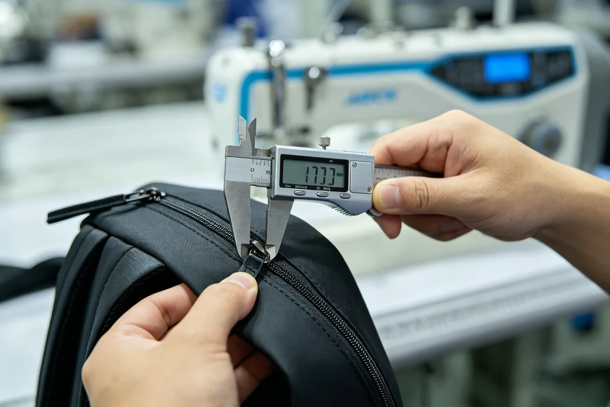 Factory worker measuring custom bag zipper length with digital calipers during quality control inspection