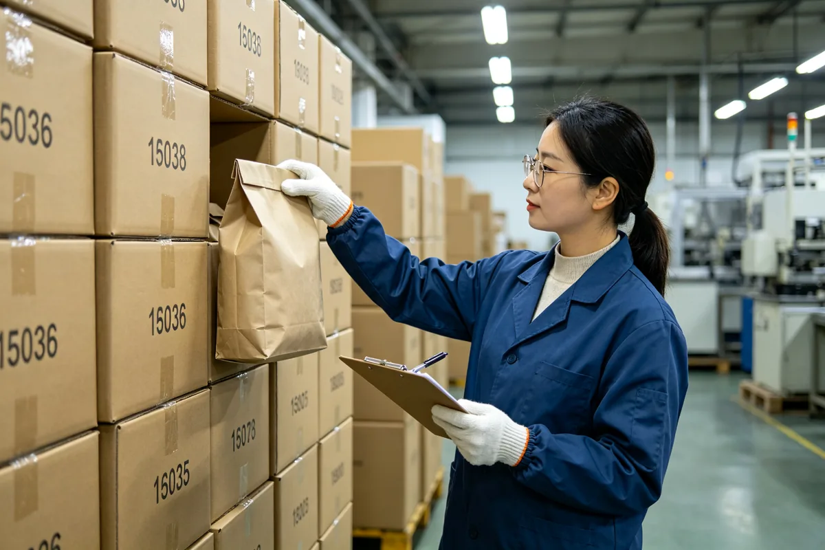 Quality inspector randomly selecting finished custom bags from shipping cartons during final random inspection
