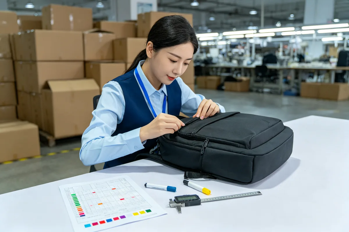 Quality control inspector examining a custom backpack on a factory inspection table with AQL sampling chart and measurement tools