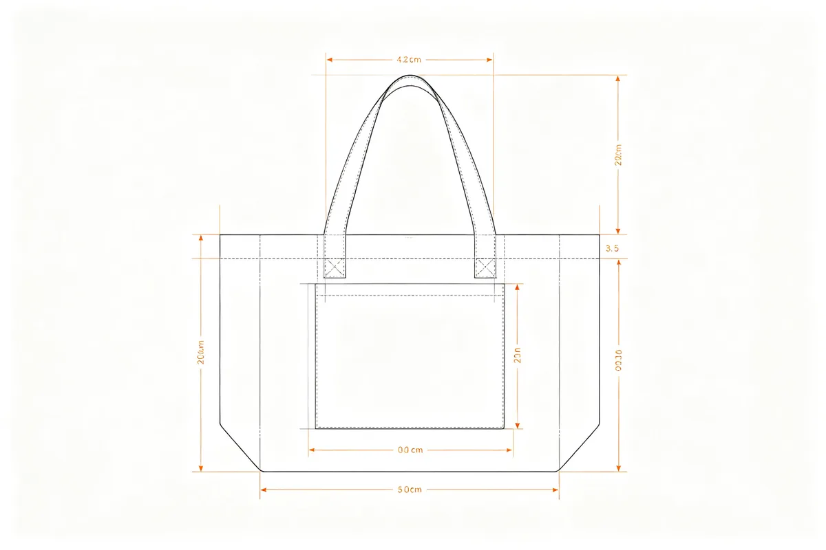 Technical measurement diagram of a tote bag with dimension lines marking top width, bottom width, height, gusset width, handle length, and handle drop