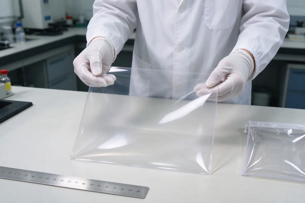 Clear cosmetic bag film sample inspected on a textile laboratory workbench over a light table
