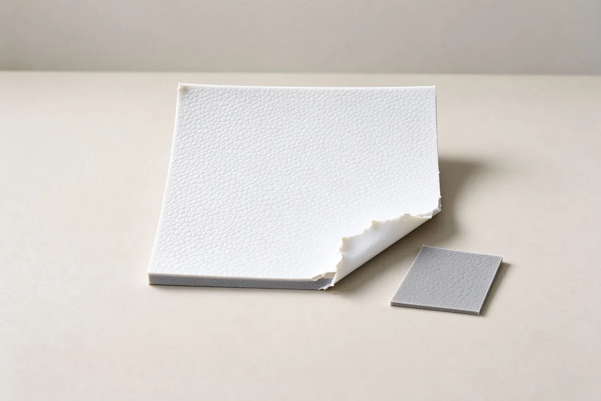 White-grey EVA foam sheet sample with a pebble texture and a cut swatch beside it