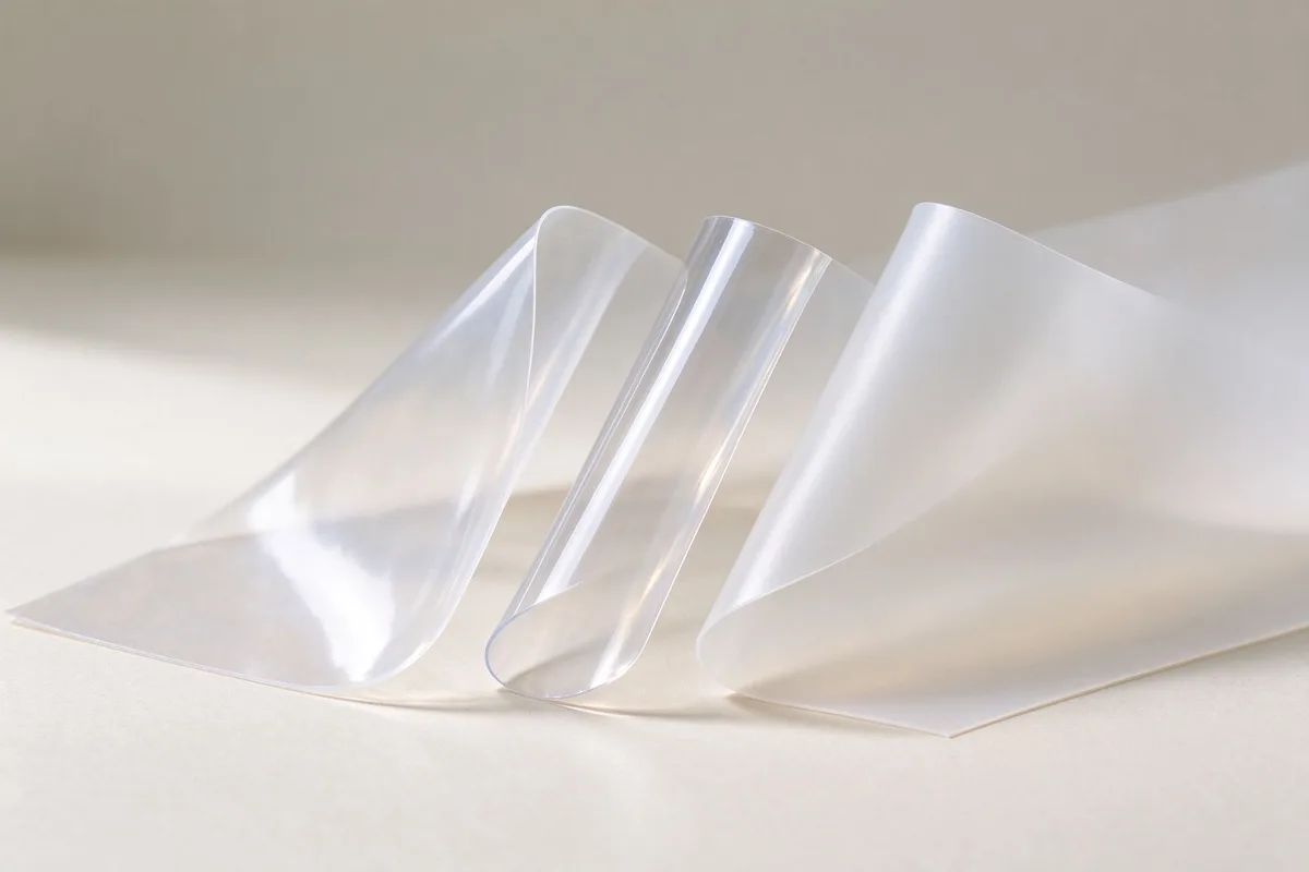TPU, PVC and EVA clear cosmetic bag films compared side by side as translucent sheet samples