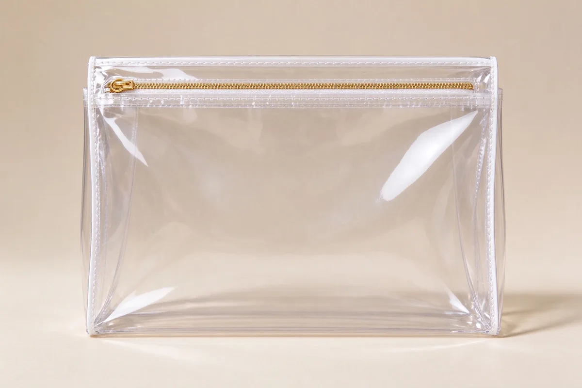 Clear glossy PVC cosmetic pouch with crisp square corners, white trim and a gold zipper