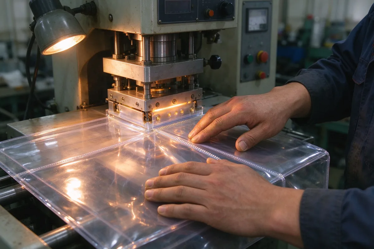 Worker hands operating a radio-frequency welding machine fusing clear film panels for a cosmetic pouch