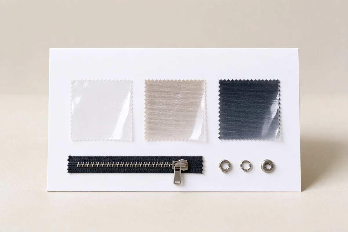 Sourcing sample kit with clear film swatches, a zipper and metal hardware arranged on a white card