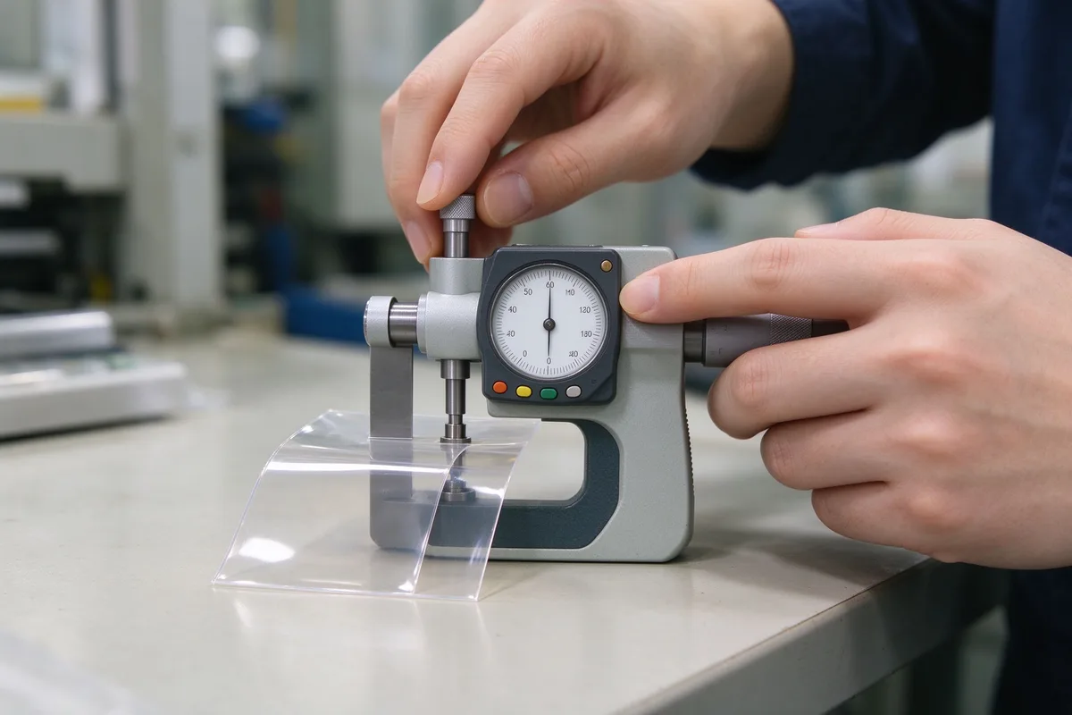 Digital micrometer measuring the thickness of a clear transparent film sample on a factory bench