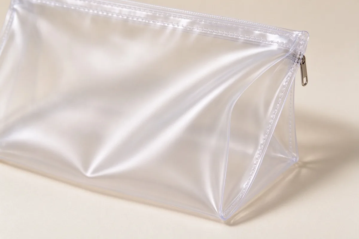 Clear soft TPU cosmetic pouch folding without crease marks, RF-welded seams and a metal zip pull