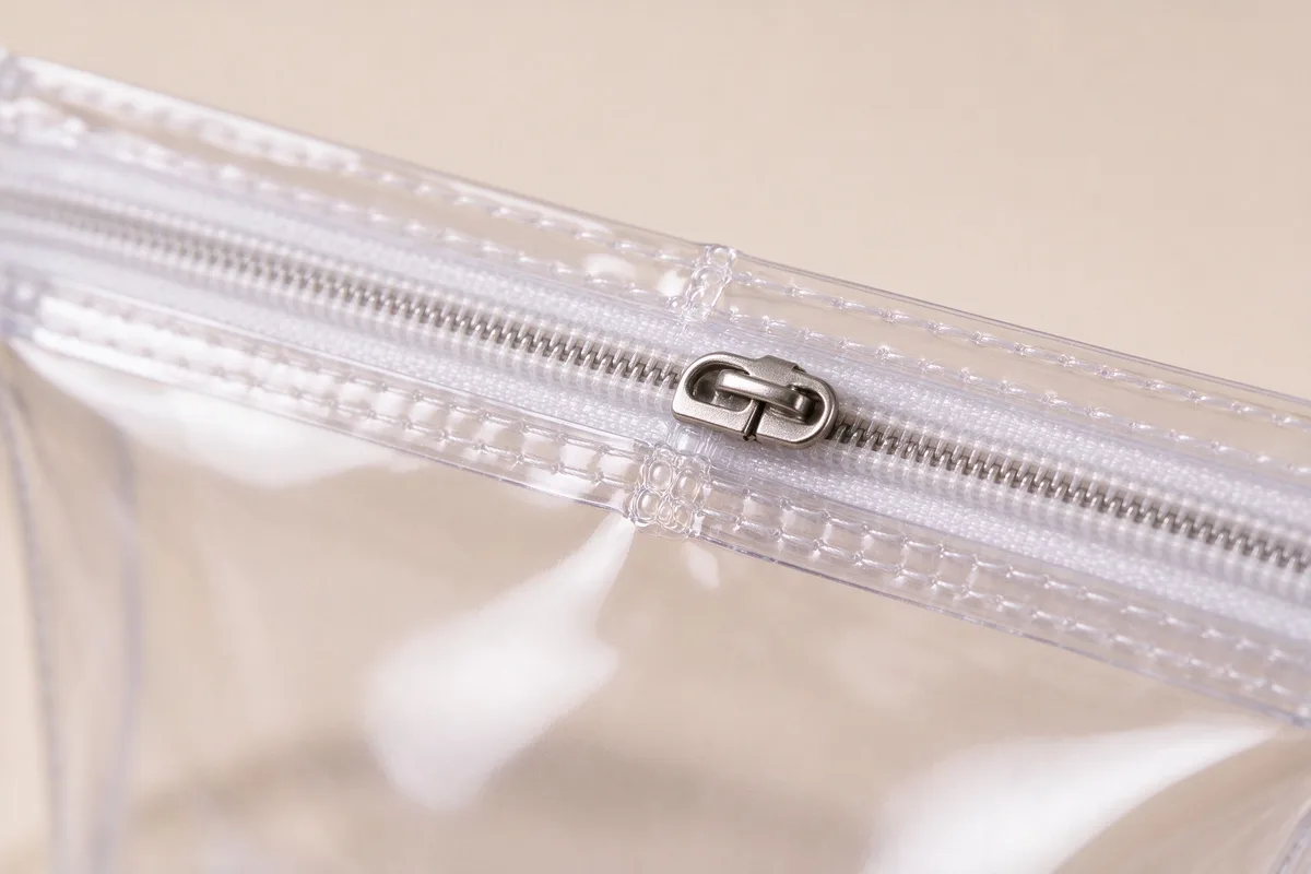 Extreme macro of a clear cosmetic pouch zipper tape, metal slider and heat-sealed weld bead