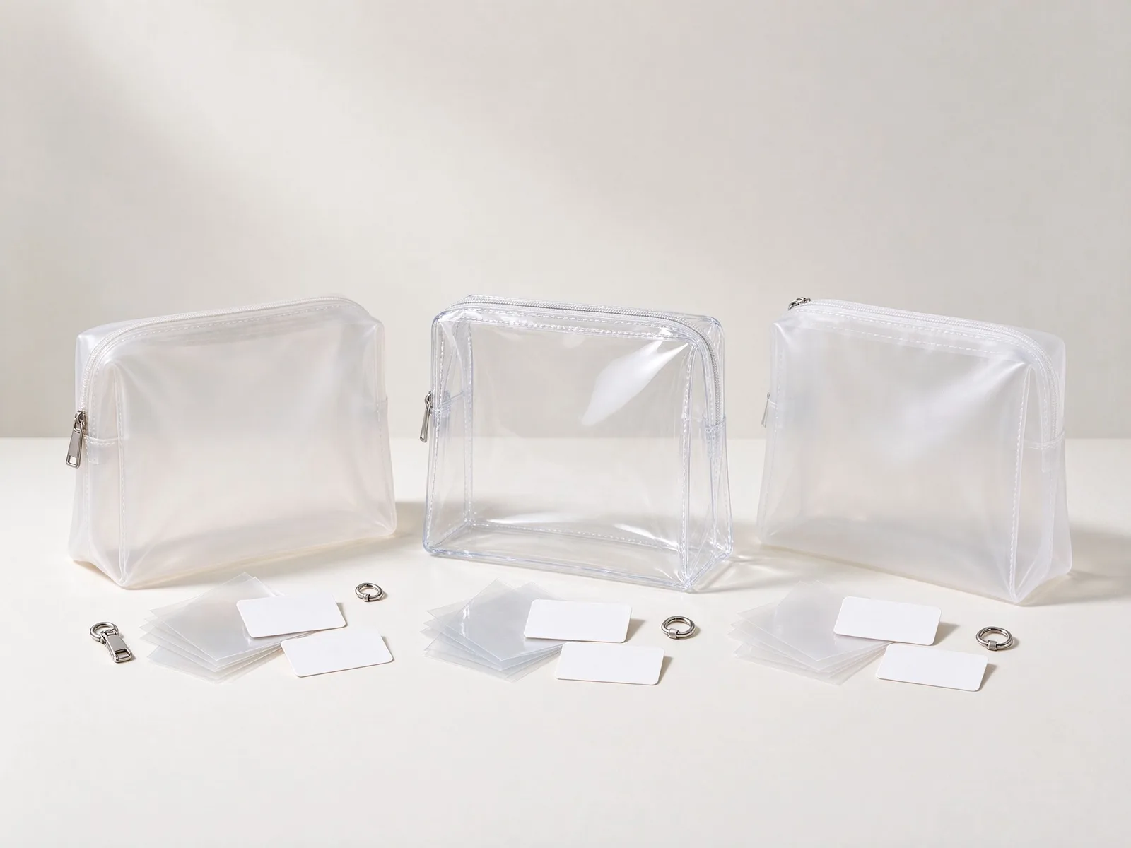Clear TPU, PVC and EVA cosmetic pouch materials compared: transparent films, RF-welded seams and sample swatches