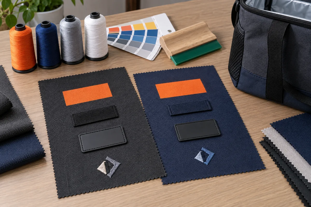 Branding samples for custom cooler bags including screen print, woven label, rubber patch and embroidery