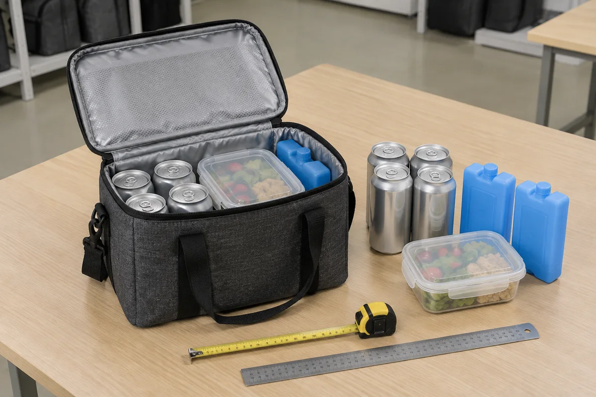 Open custom cooler bag loaded with cans, food containers and ice packs while its usable capacity is measured