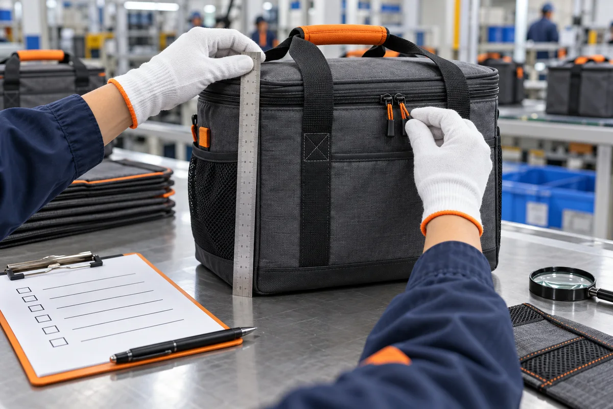 Factory quality inspector measuring a finished custom cooler bag and checking its zipper and reinforced handles