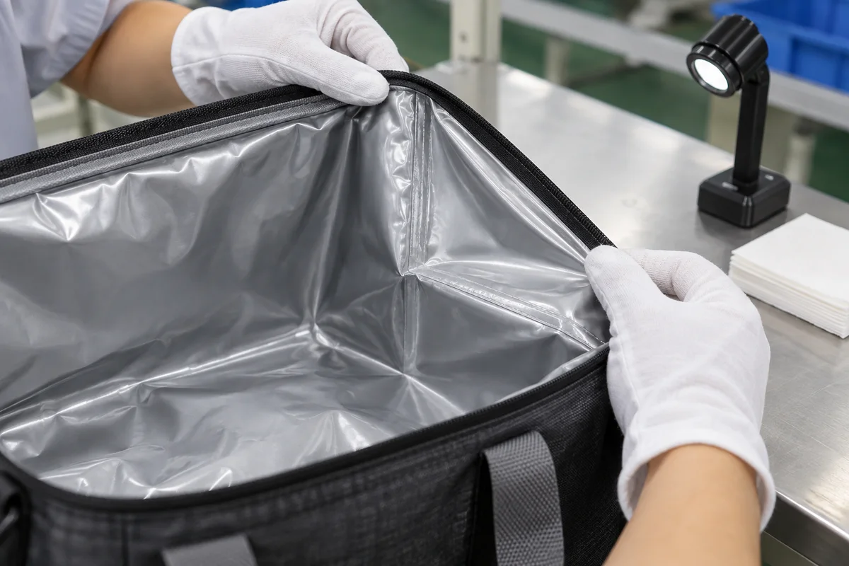 Gloved quality inspector examining the sealed silver liner seam inside an insulated cooler bag