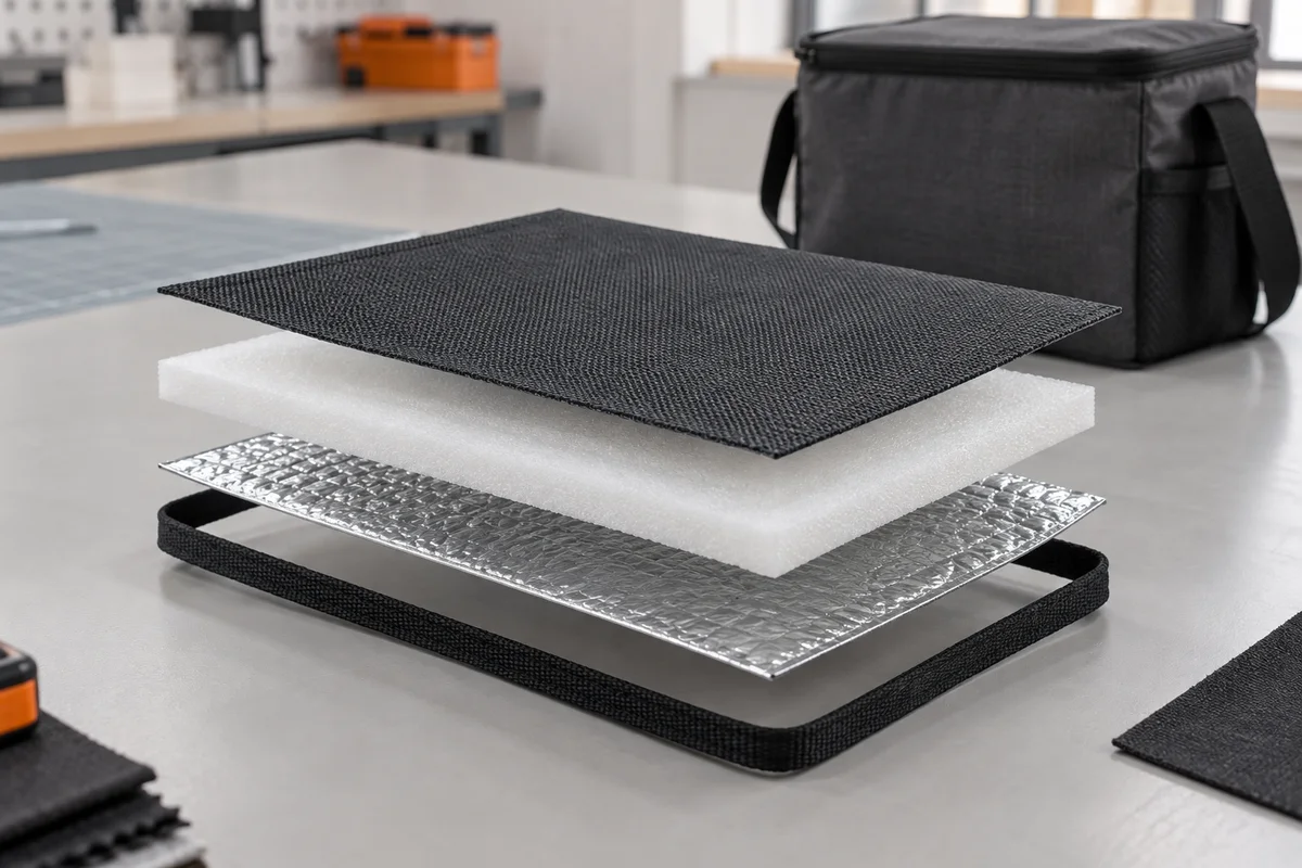 Exploded cooler bag panel showing 600D Oxford outer fabric, white EPE foam insulation, reflective liner and black edge binding
