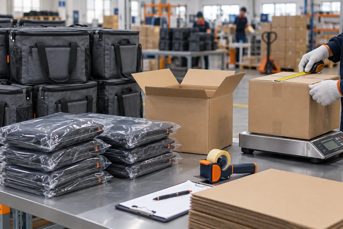 Finished cooler bags in protective polybags beside export cartons being measured and weighed for shipment