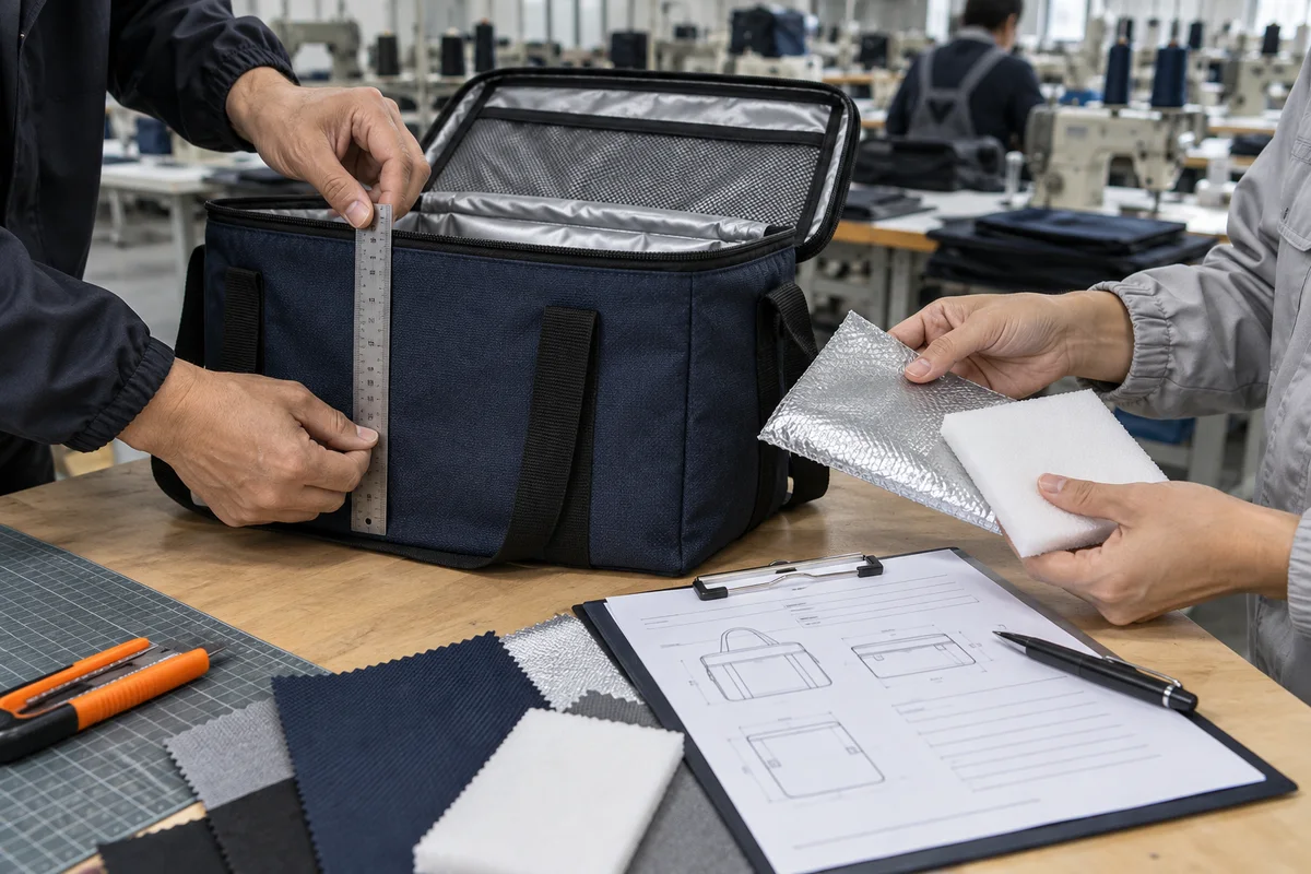Buyer and factory technician measuring an unbranded cooler bag and reviewing liner and foam samples before quotation