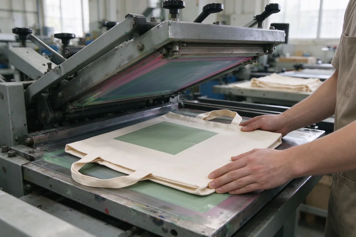 Screen-printing press transferring a solid design onto a canvas tote panel in a clean workshop