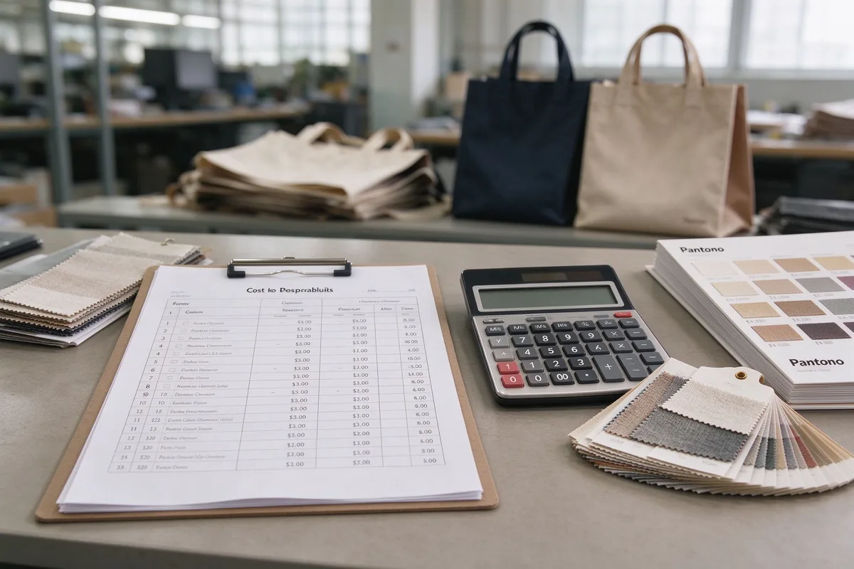 Cost breakdown worksheet, calculator, fabric swatch fan and Pantone booklet on a factory office desk