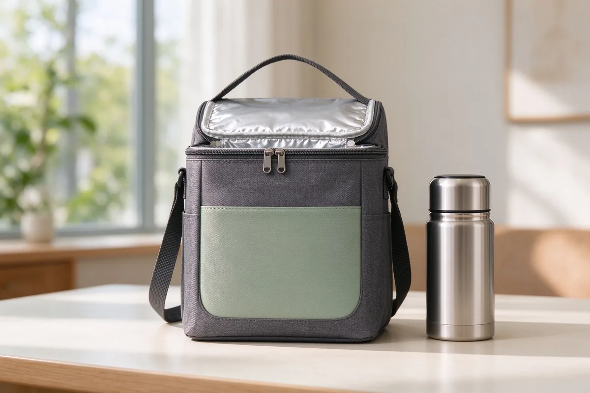Compact insulated cooler lunch bag in charcoal Oxford with a solid logo panel beside a stainless thermos