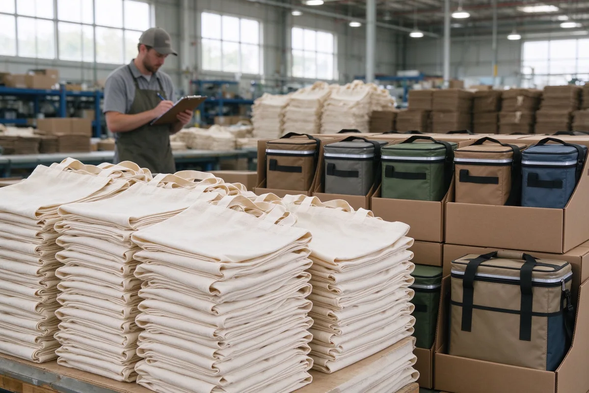 Neat stacks of folded canvas tote bags and boxed insulated bags in a bright factory warehouse