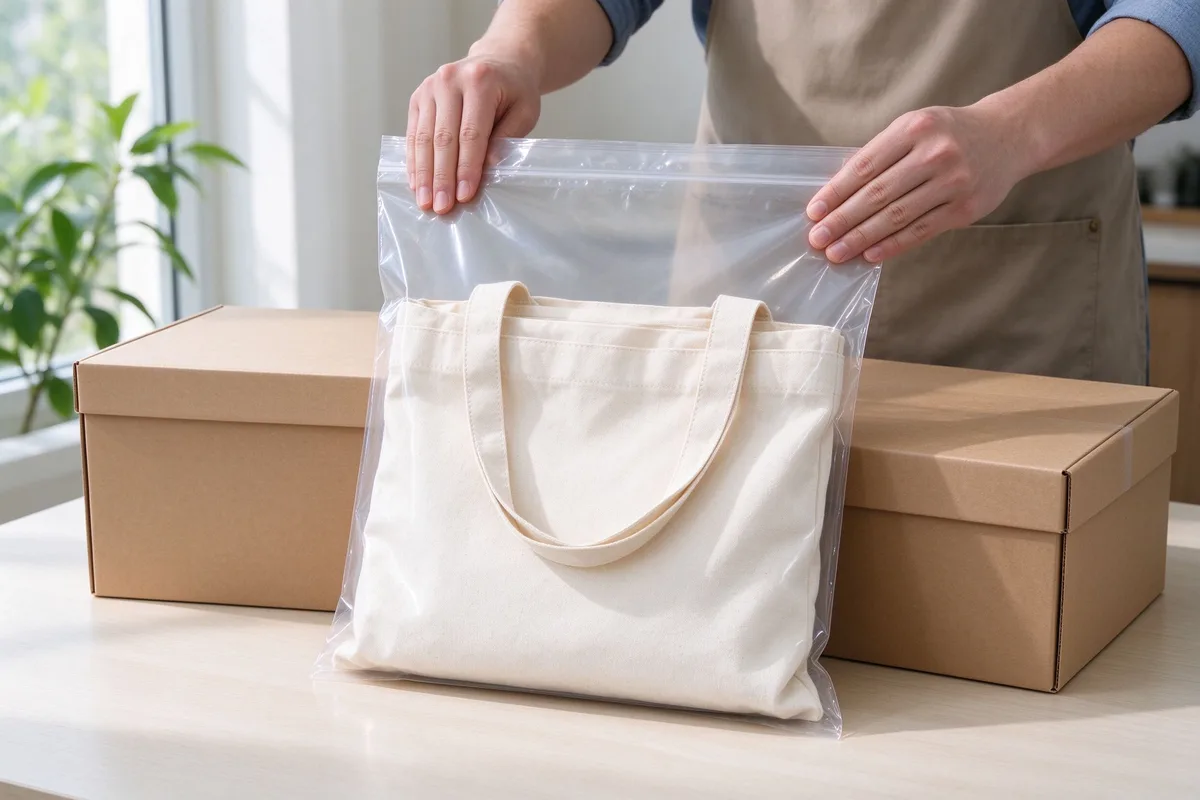 A canvas tote folded and sealed in a clear retail-ready polybag beside a kraft gift box