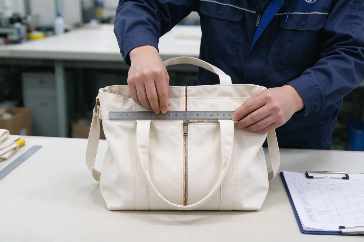 Quality inspector measuring the seam and zipper of a canvas tote bag with a steel ruler on an inspection table