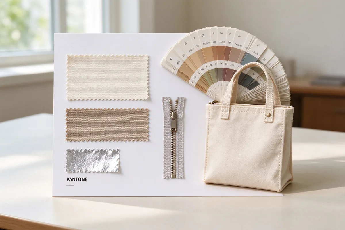 Development sample set of canvas, oxford and foil lining swatches with a zipper, a Pantone fan and a mini tote prototype on a factory table