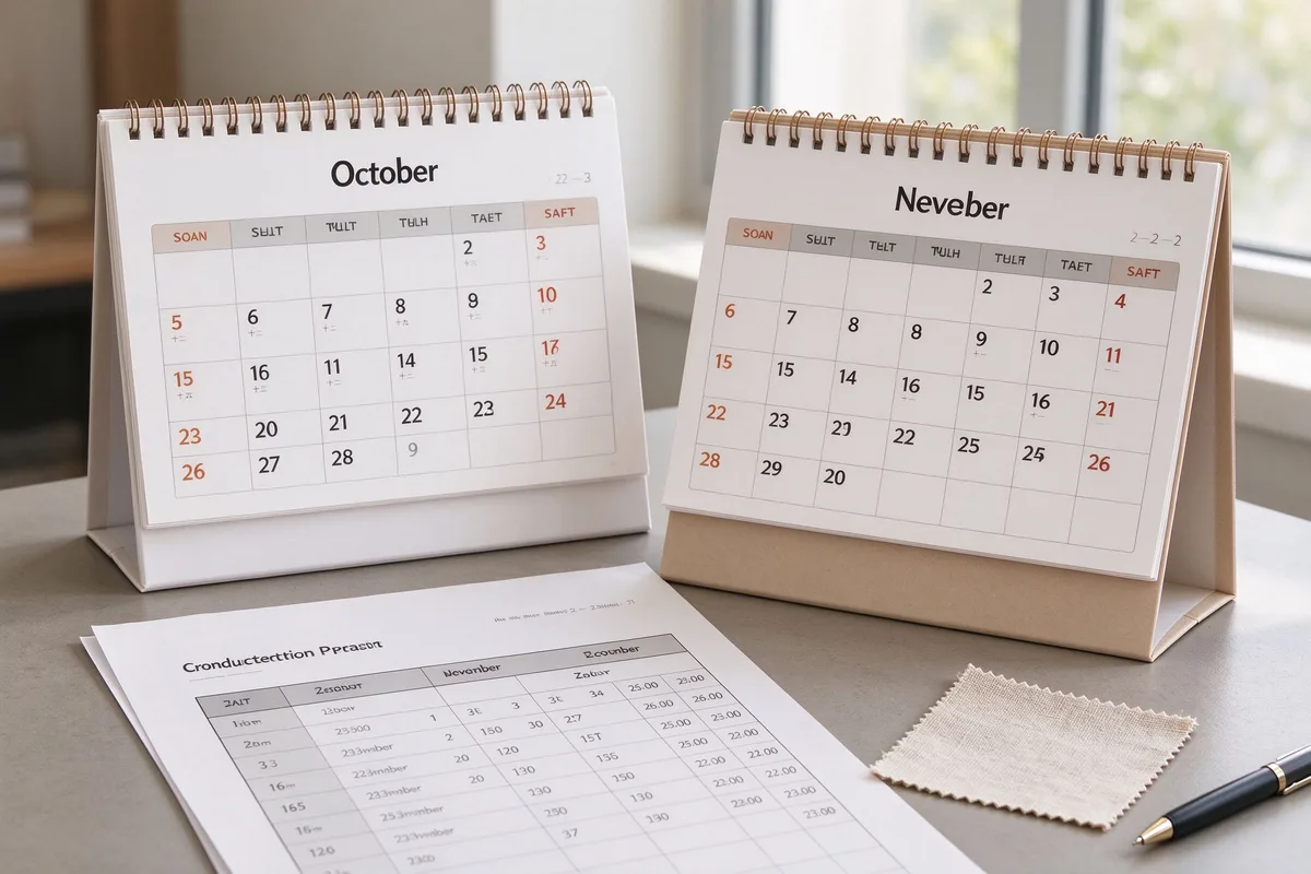Desktop calendar open to October and November with a production schedule sheet and a fabric swatch
