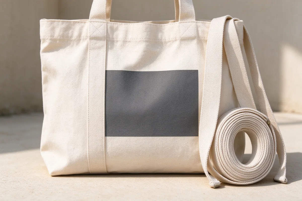 Natural heavy canvas tote bag with a single solid logo block standing beside a roll of cotton webbing