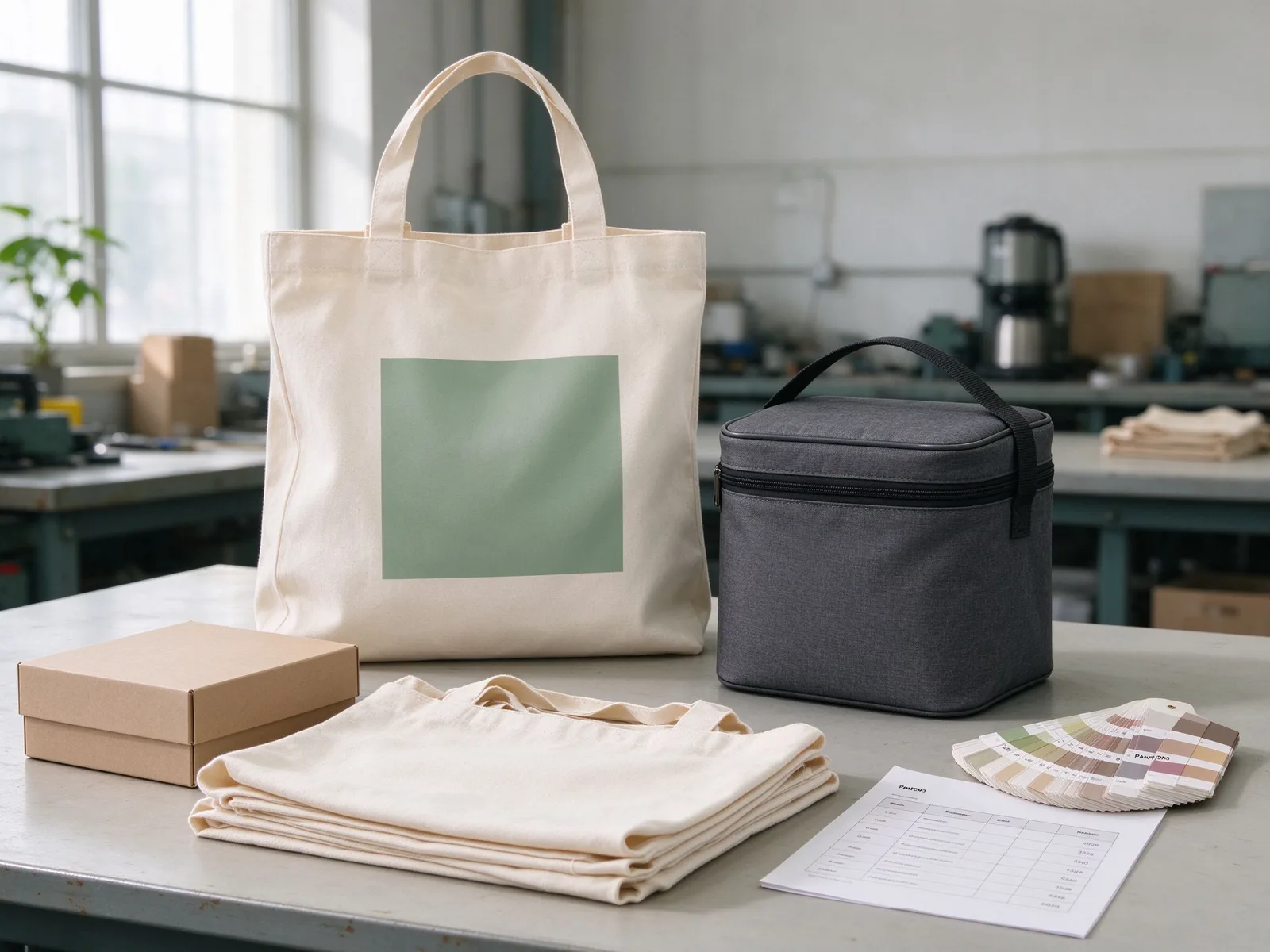 Logo-printed custom tote and cooler bags on a factory table, arranged for a Christmas corporate gift program