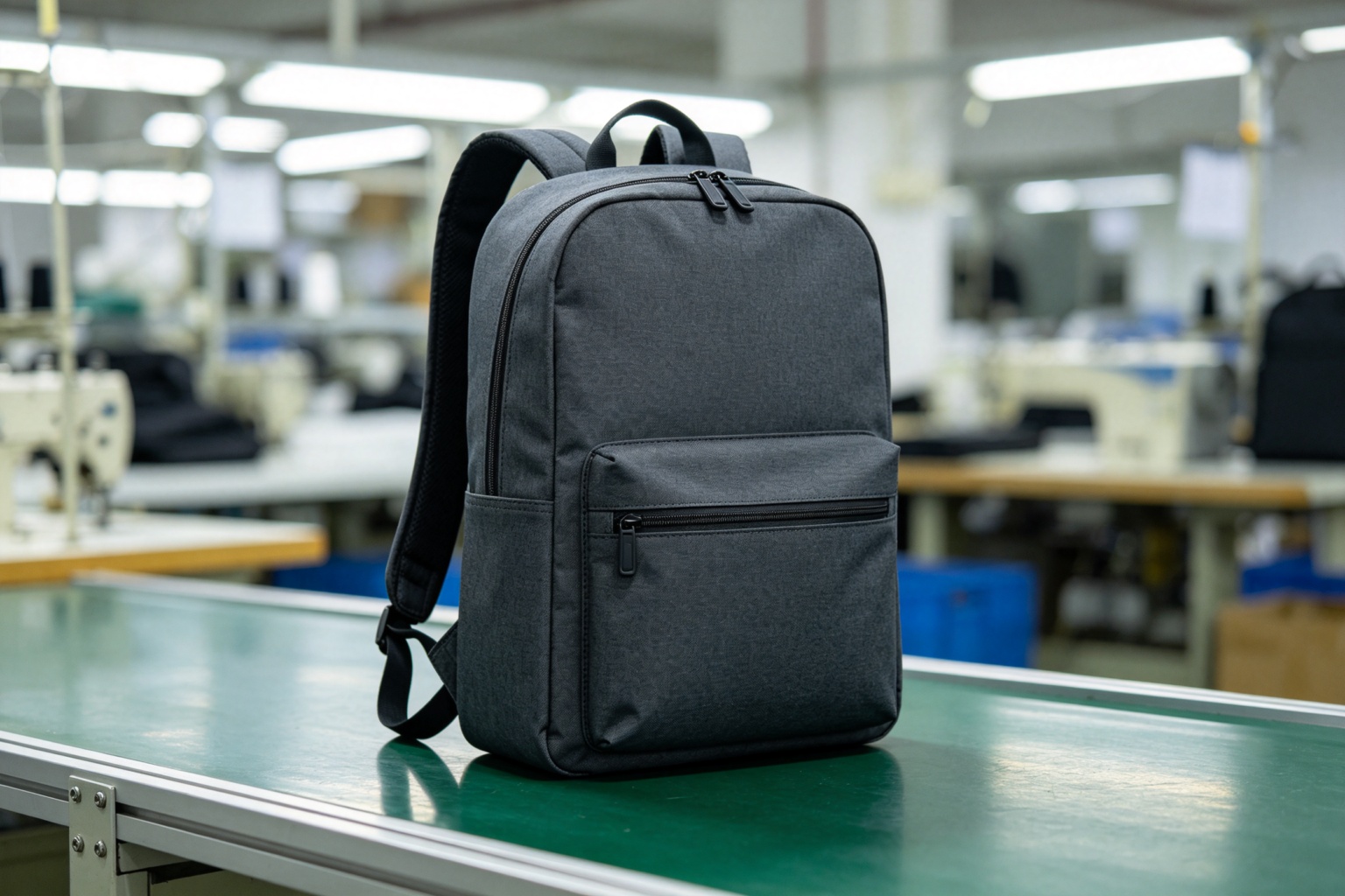 Finished custom GRS RPET laptop backpack on a factory inspection table with production line in background, showing woven brand label and YKK zipper