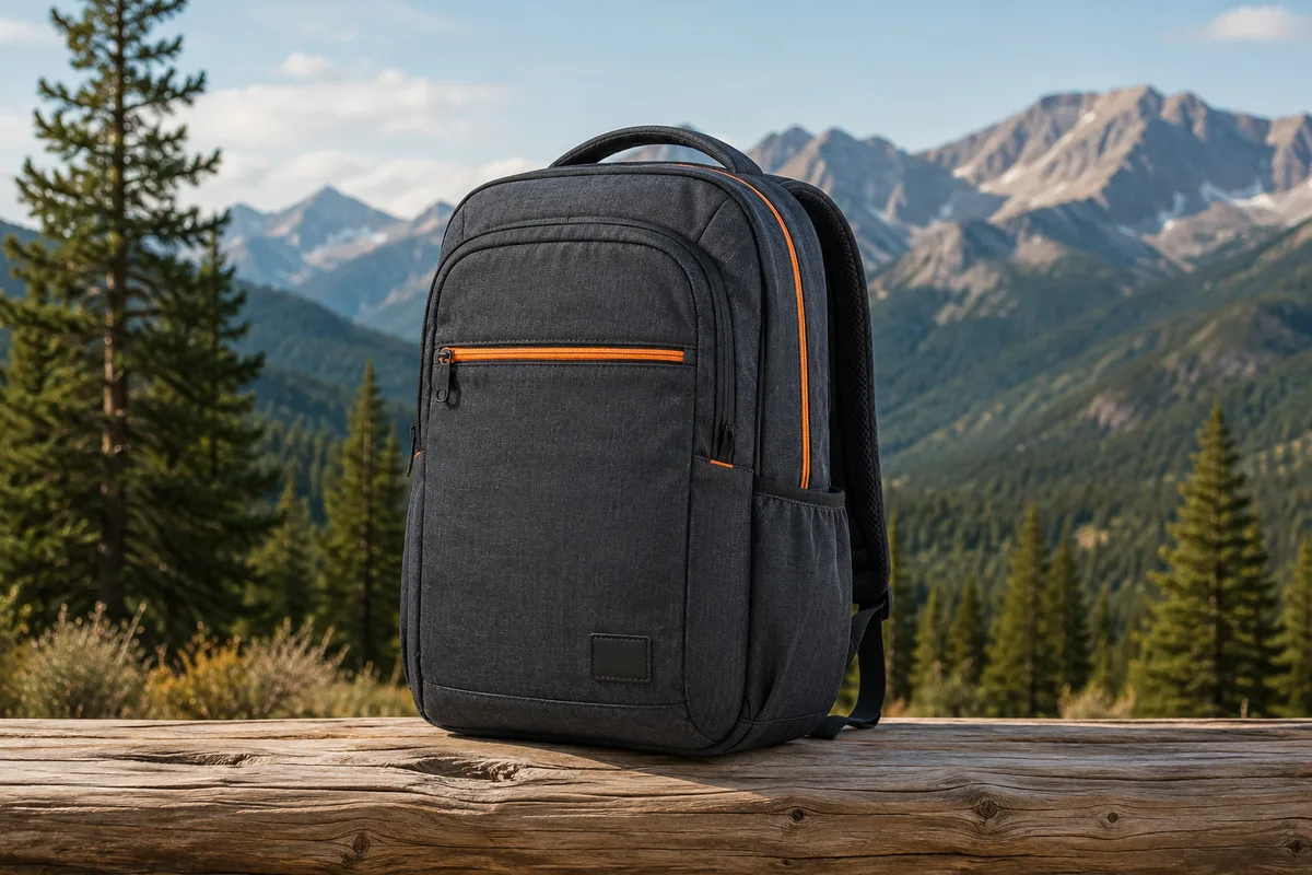 Outdoor enthusiast wearing a custom RPET backpack hiking on a mountain trail in Colorado, demonstrating the commute-to-trail use case