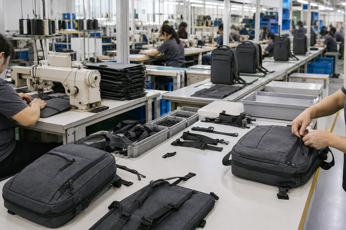 Backpack assembly line with workers attaching shoulder straps, inserting PE foam padding, and sewing laptop sleeves. GRS material bins are labeled and segregated.