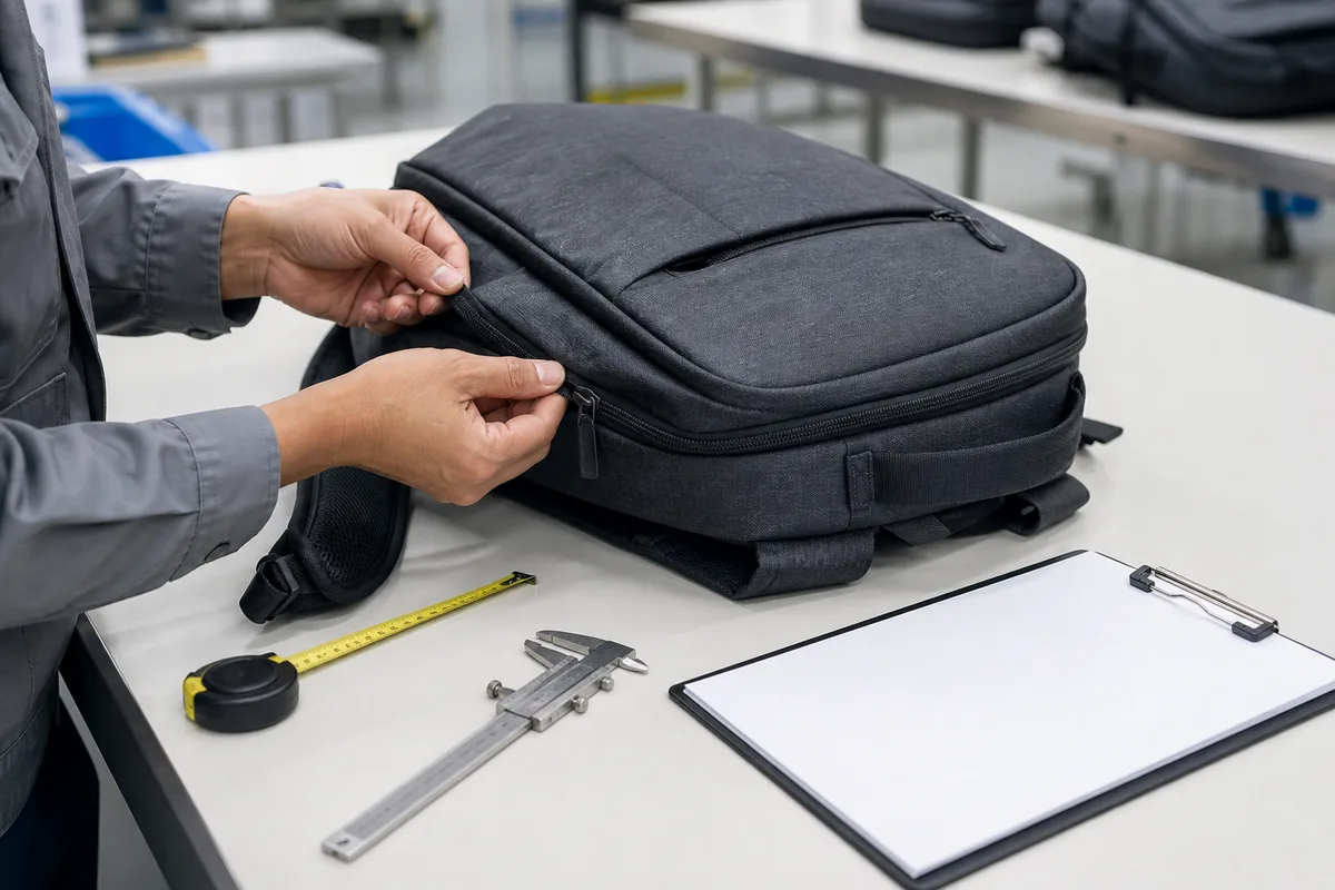 QC inspector performing shoulder strap pull test on a custom backpack using a digital force gauge, with AQL inspection checklist and measurement tools on the table
