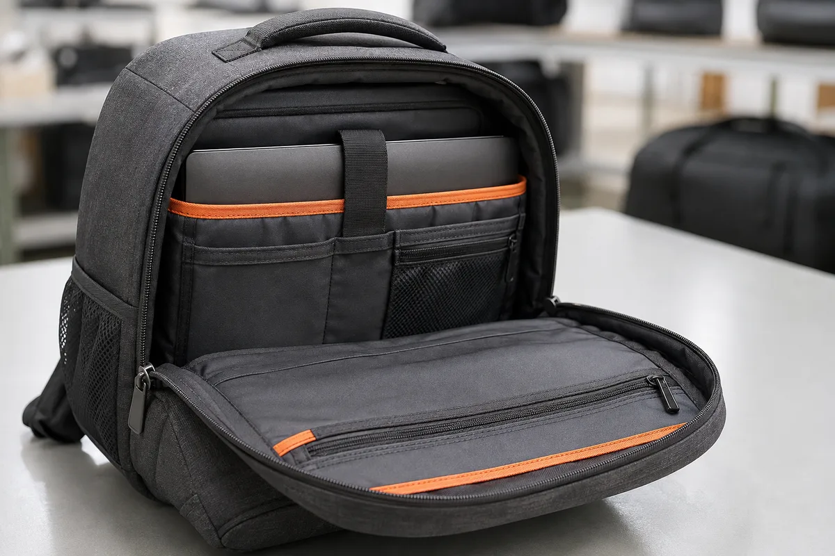 Interior detail of custom backpack showing padded 15-inch laptop sleeve with soft 210D RPET lining, USB charging port, and hidden water bottle pocket
