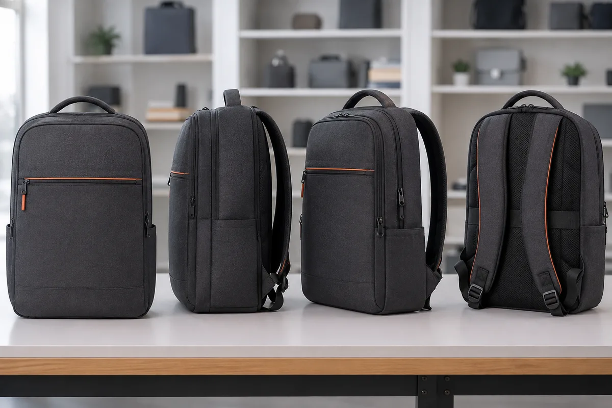 Finished custom GRS RPET backpack in Forest Green and Slate Gray colorways, flat lay showing front, back, and interior with laptop sleeve and USB port