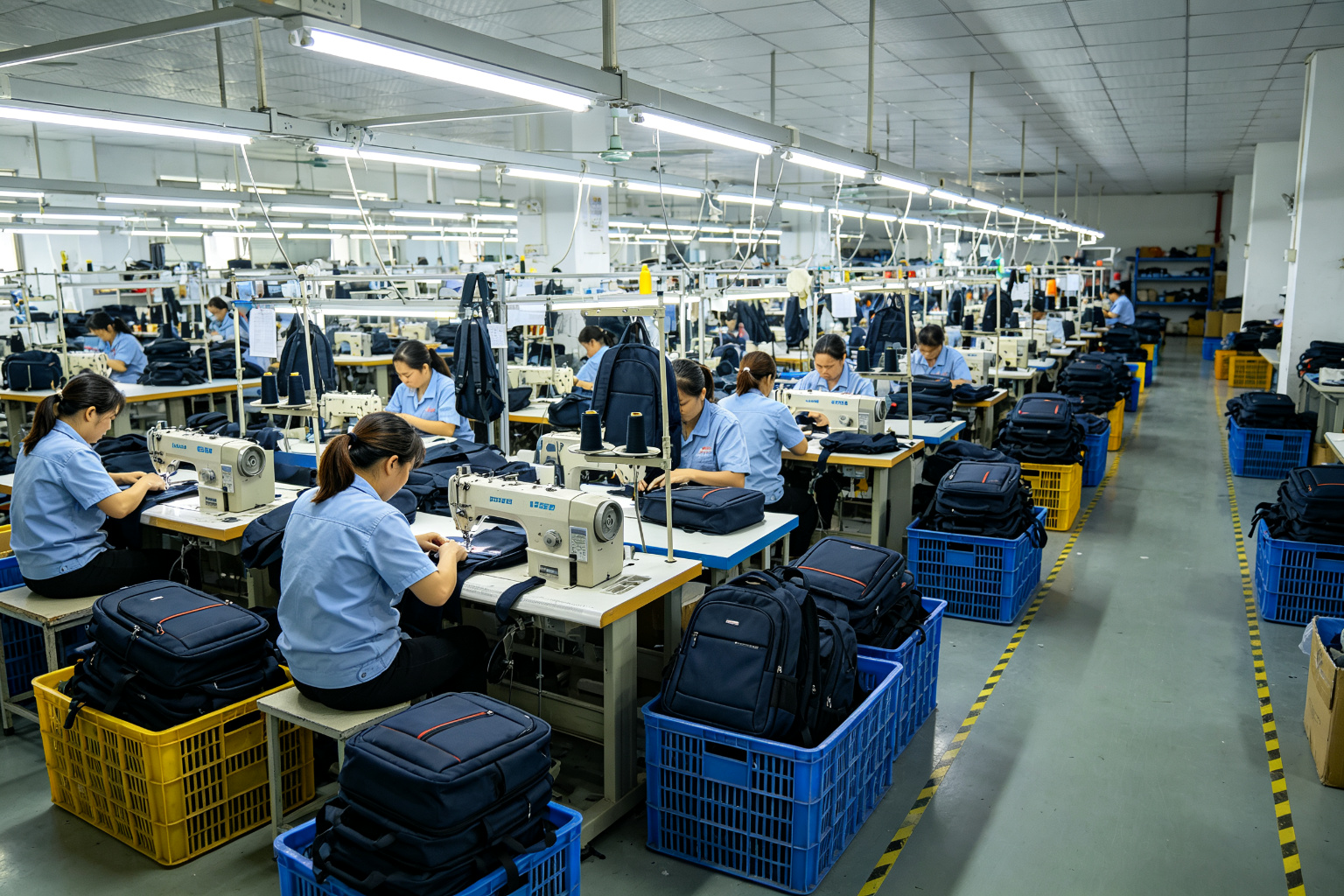 Wide angle view of backpack manufacturing production line in Dongguan factory showing workers assembling backpacks at industrial sewing machines