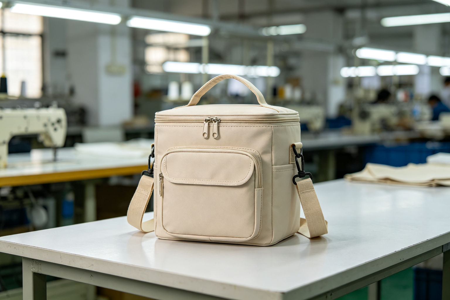 Finished custom insulated lunch cooler bag with food-grade PEVA aluminum foil lining, 600D oxford outer shell, front pocket, and adjustable shoulder strap on a factory inspection table