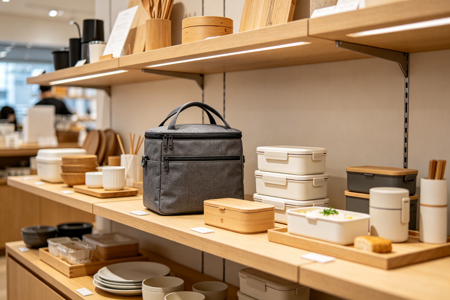 Japanese lifestyle retail store display with minimalist lunch cooler bags and kitchen products, showing the client's retail environment and design aesthetic