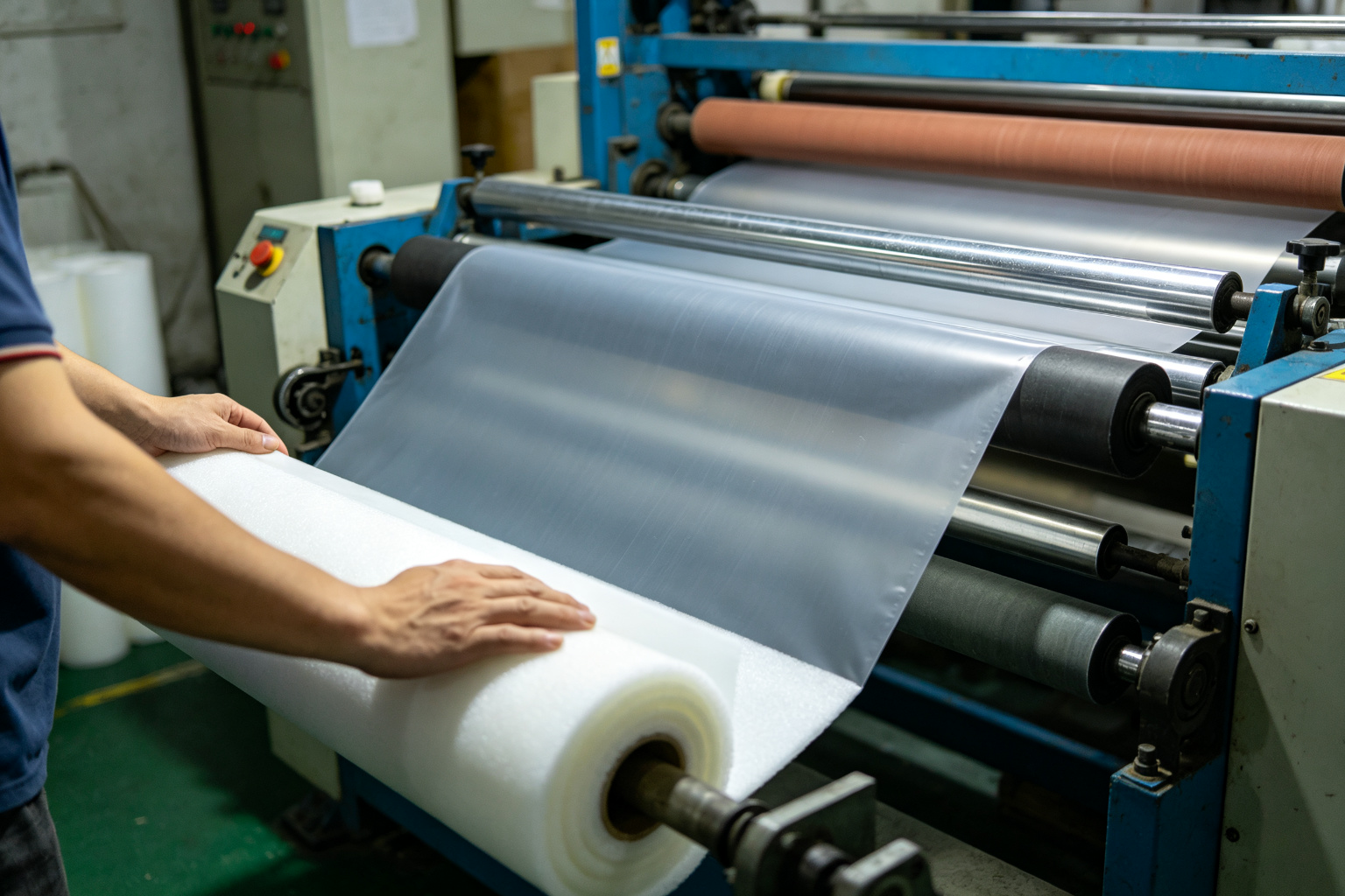 Factory worker operating a roller lamination machine bonding the outer shell, EPE insulation, and PEVA lining together with food-grade hot-melt adhesive for cooler bag production
