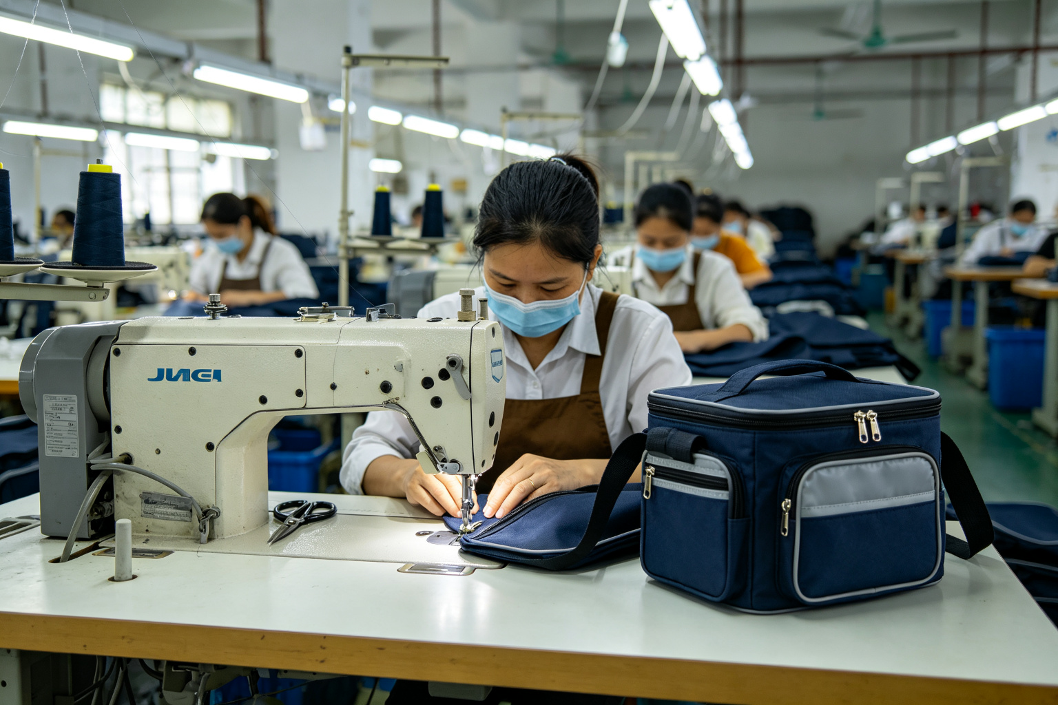 Cooler bag sewing production line with workers stitching the three-layer laminated material, attaching YKK zippers, and sewing front pockets with industrial sewing machines