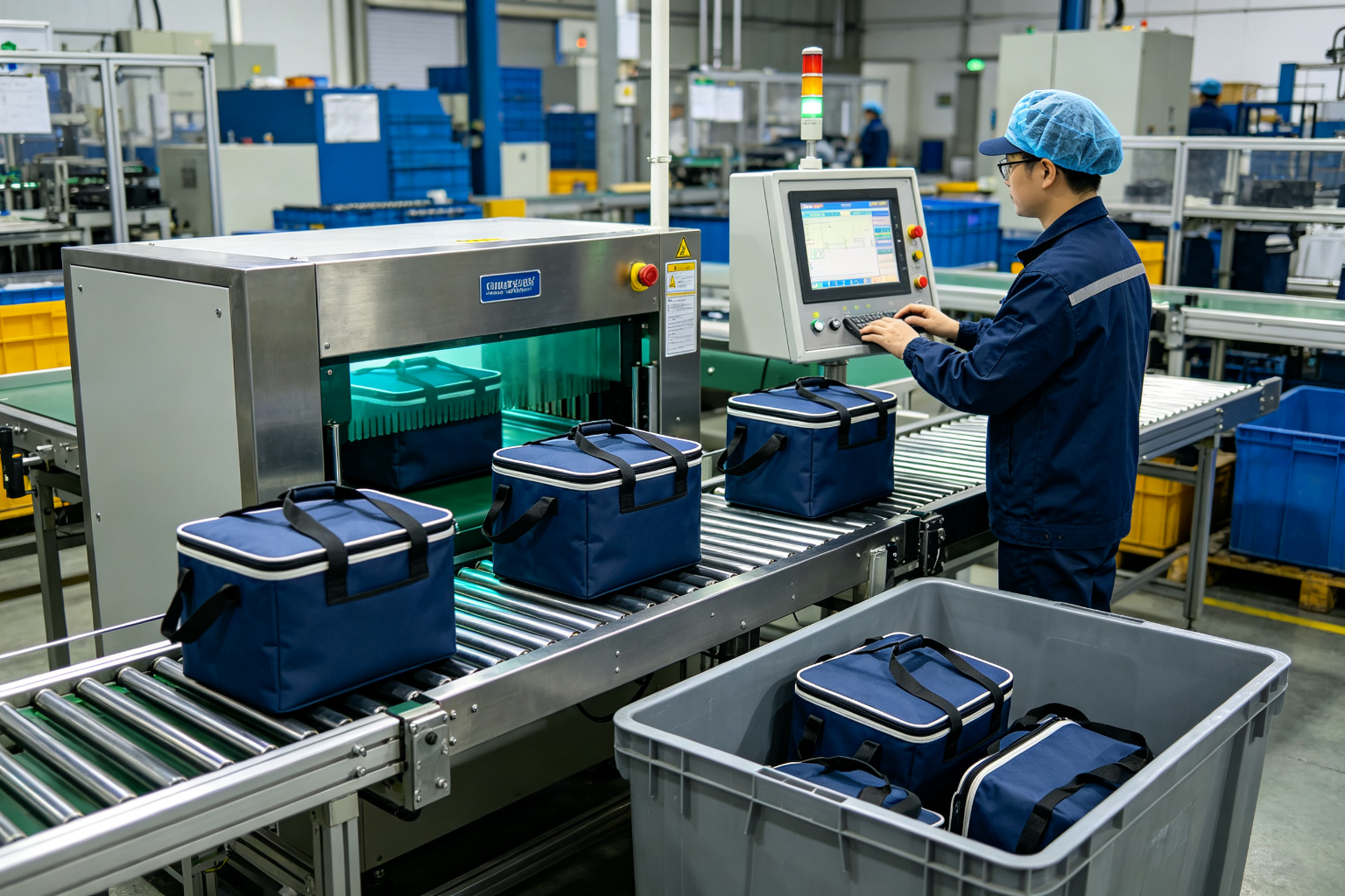 Finished cooler bags passing through a conveyor-belt needle detection machine at final QC stage, with QC operator monitoring the detector display and rejected bags set aside for manual inspection