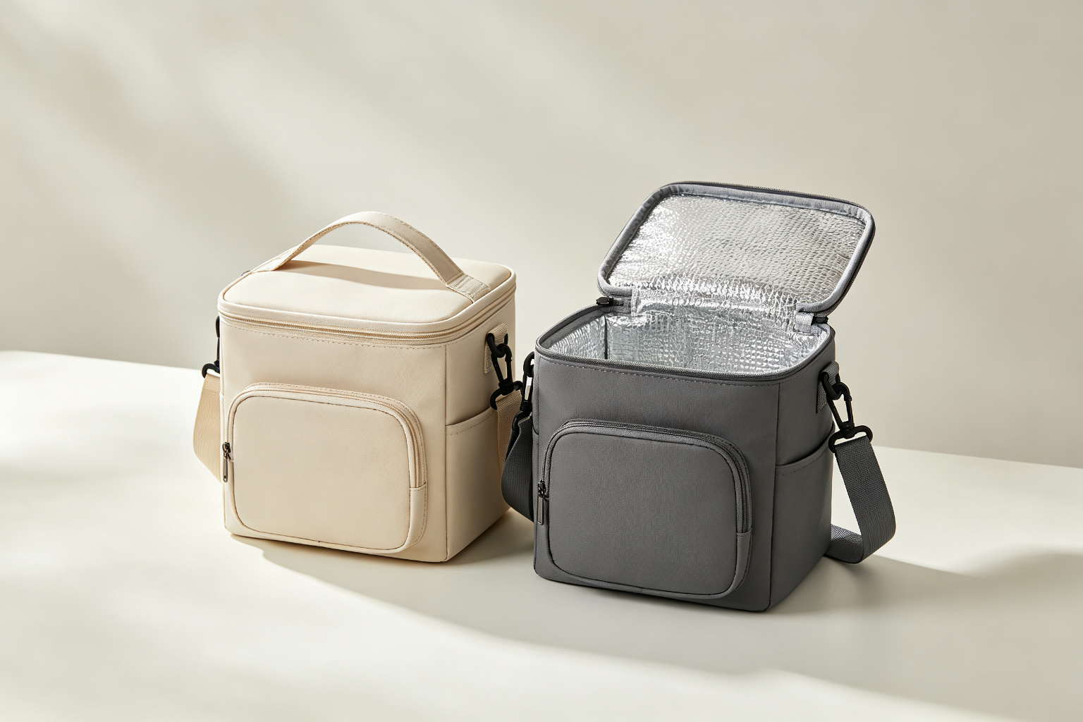 Finished custom insulated lunch cooler bags in Beige and Charcoal colorways, showing front view with pocket, side view with shoulder strap, open view with food-grade PEVA aluminum foil lining, and top handle detail