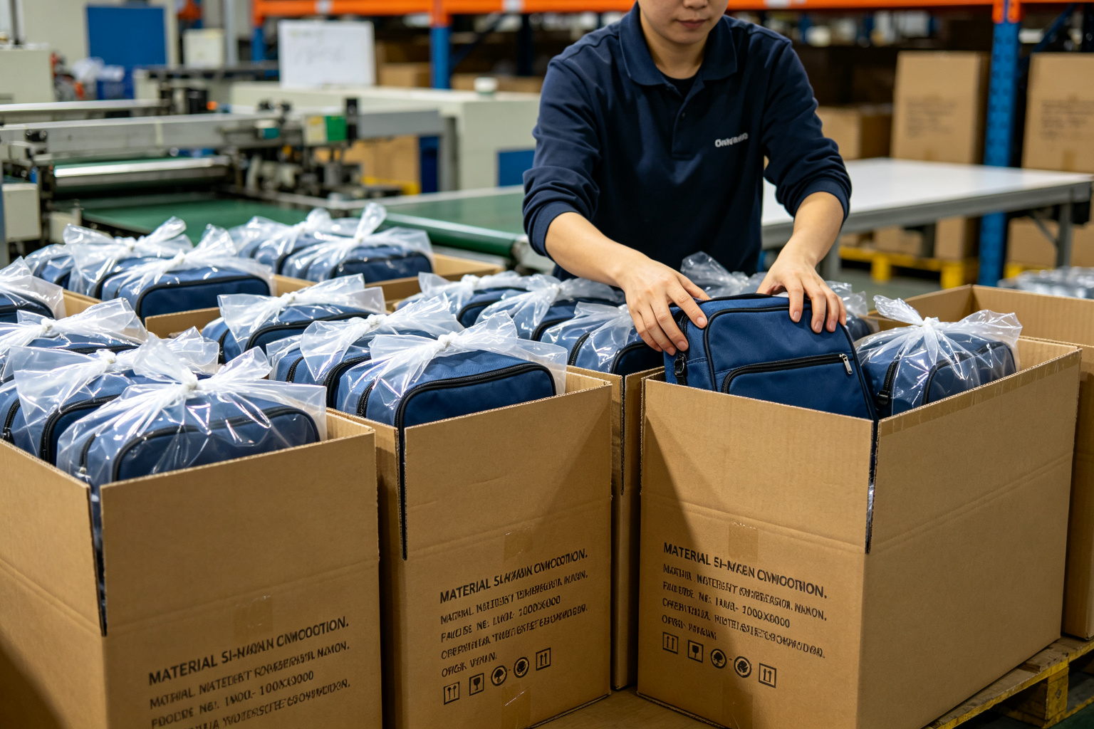 Finished cooler bags being packed into individual food-grade PE bags and then into 5-layer export cartons, showing the packaging process and Japan-market labeling with material composition and country of origin