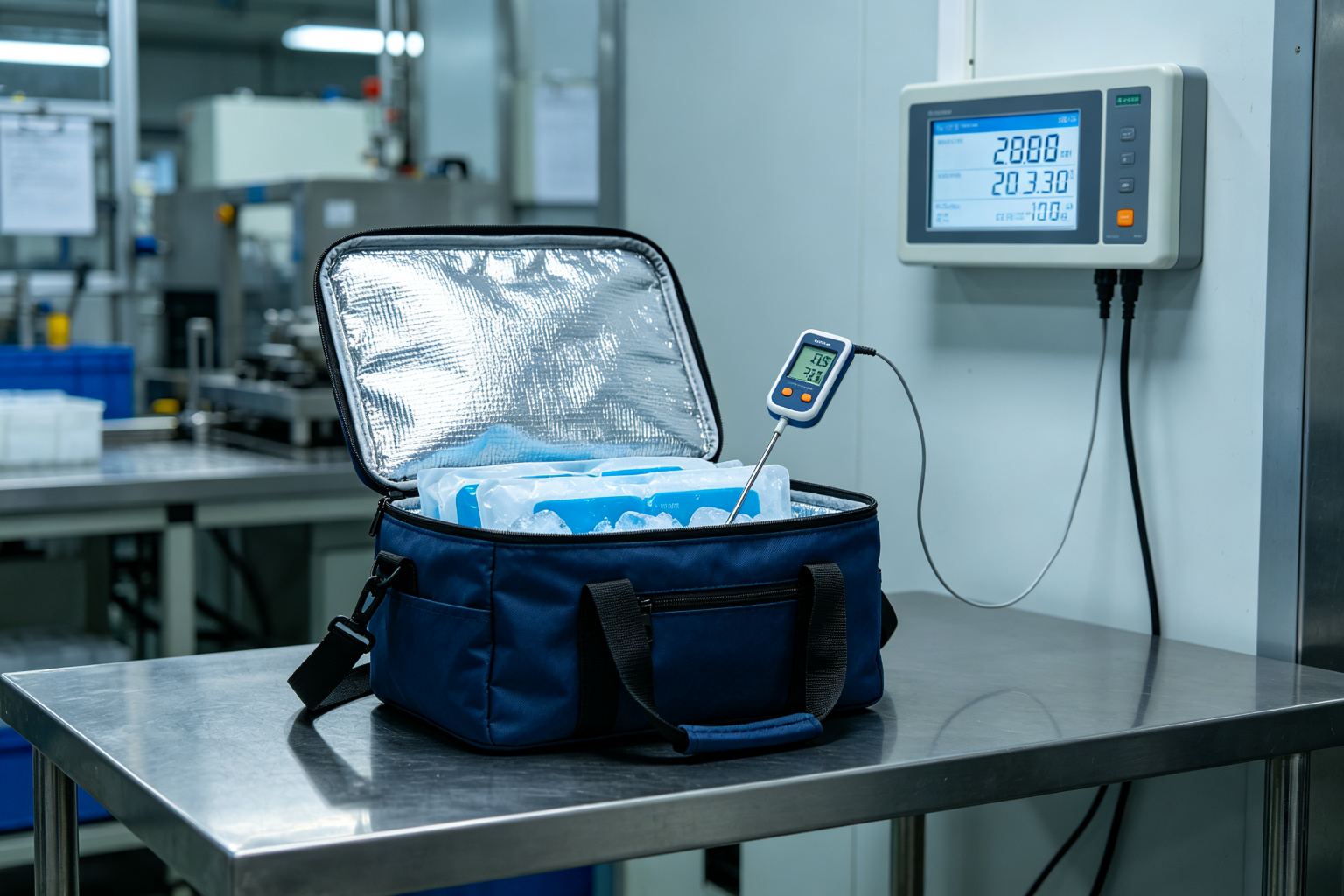 Cold retention testing setup in factory QC lab with insulated cooler bag on table and digital thermometer probe inside showing temperature readings